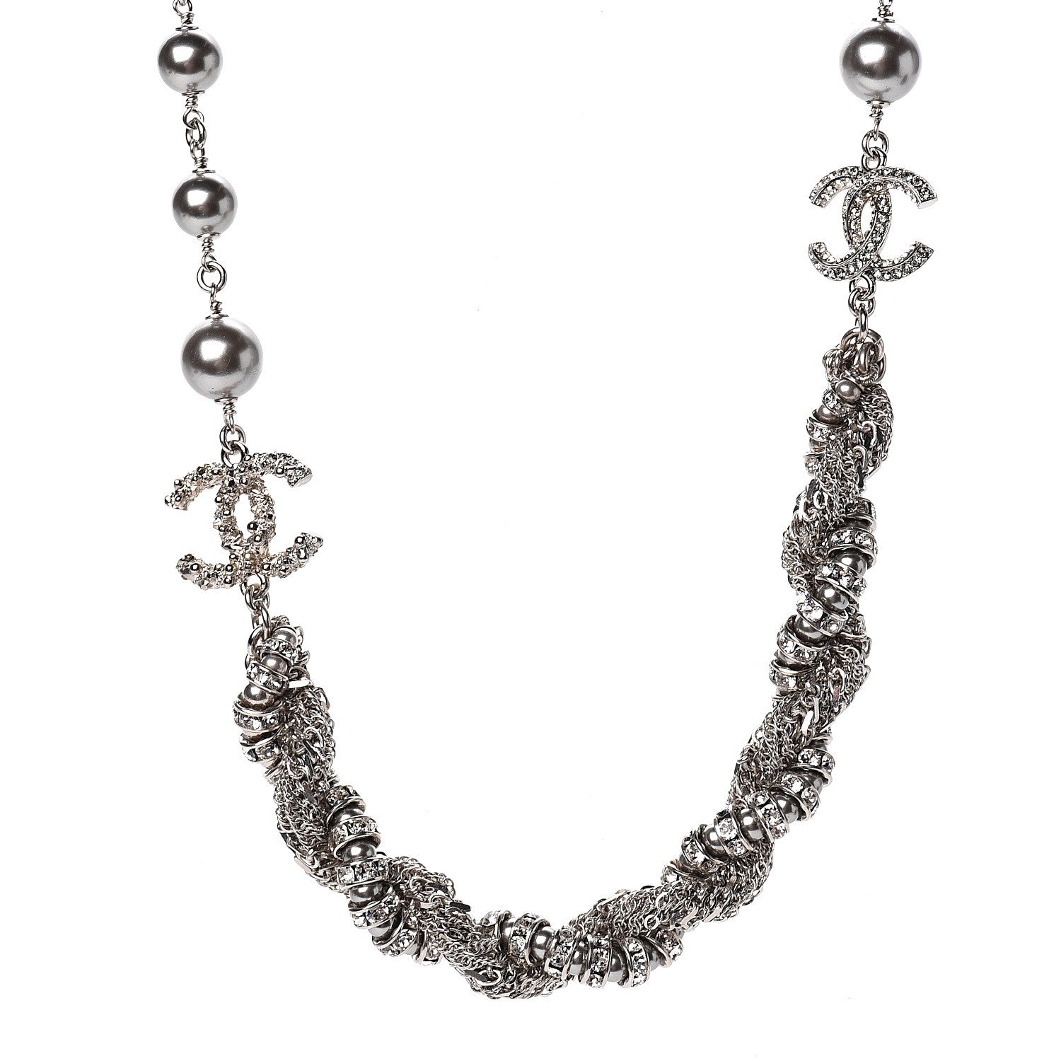 Chanel Pearl Crystal Chain CC Necklace Silver 1 of 3