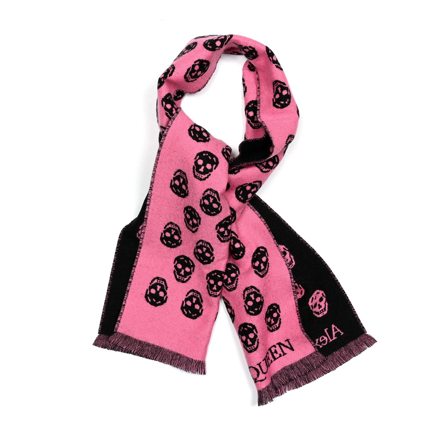 Alexander McQueen Wool Reversible Upside Down Skull Scarf Black Pink 1 of 4