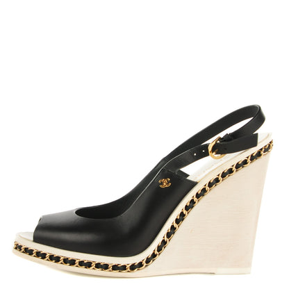 Chanel Leather Chain Slingback Wedge Sandals 39 Black 1 of 8