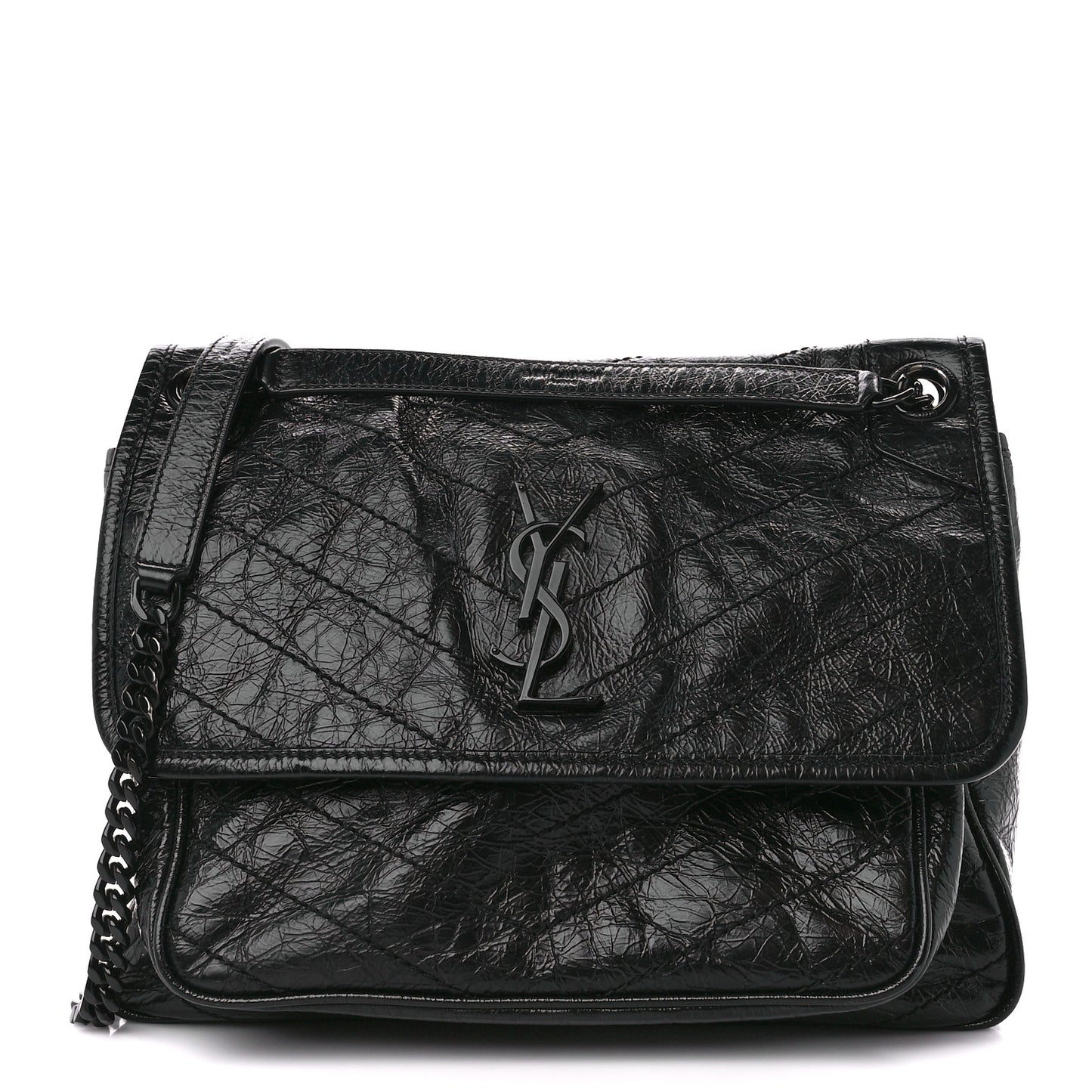 Crinkled Calfskin Matelasse Monogram Medium Niki Chain Satchel Black