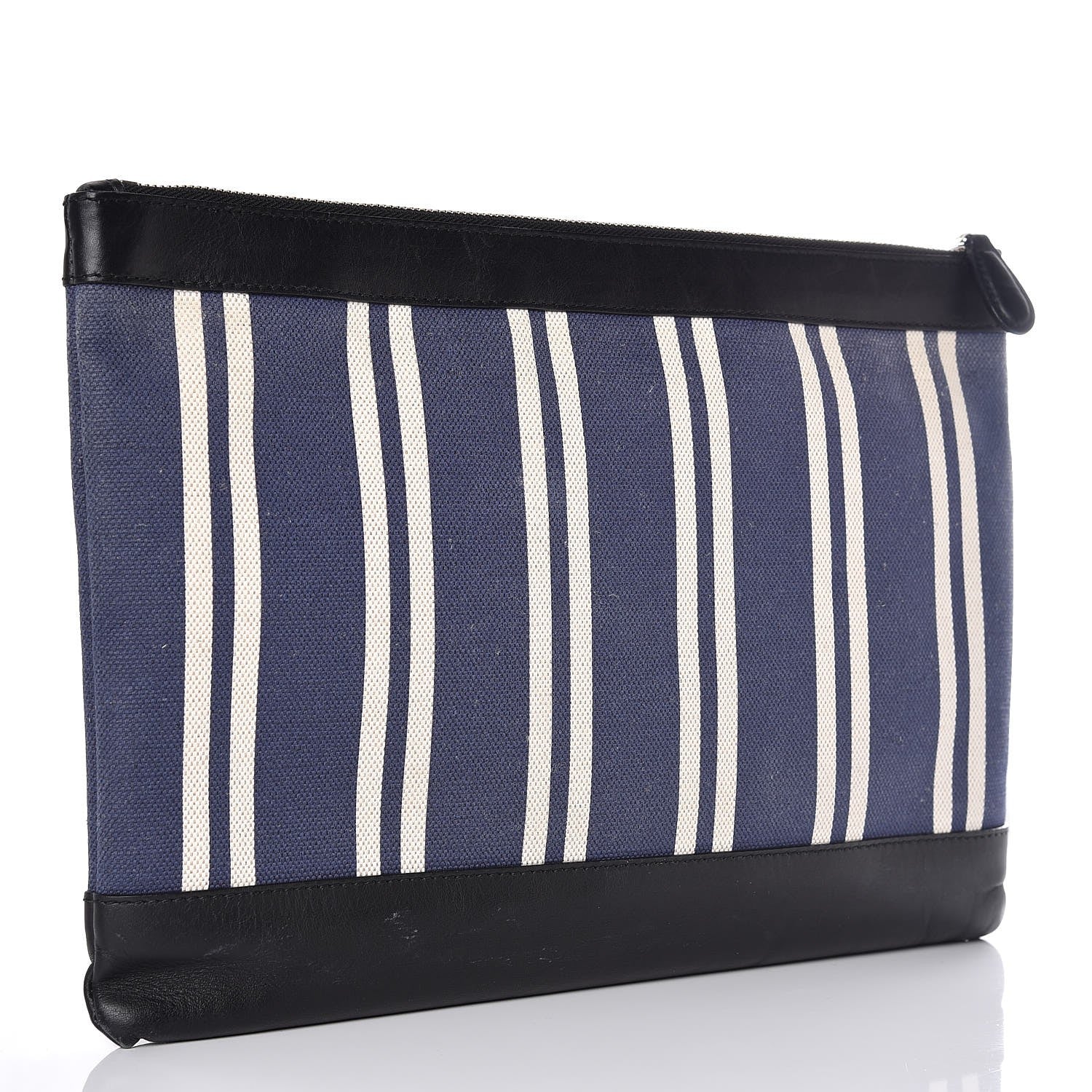 Balenciaga Calfskin Cotton Canvas Striped Logo Clutch Navy 3 of 10