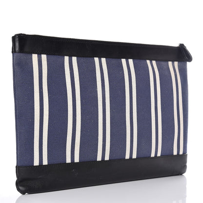 Balenciaga Calfskin Cotton Canvas Striped Logo Clutch Navy 3 of 10