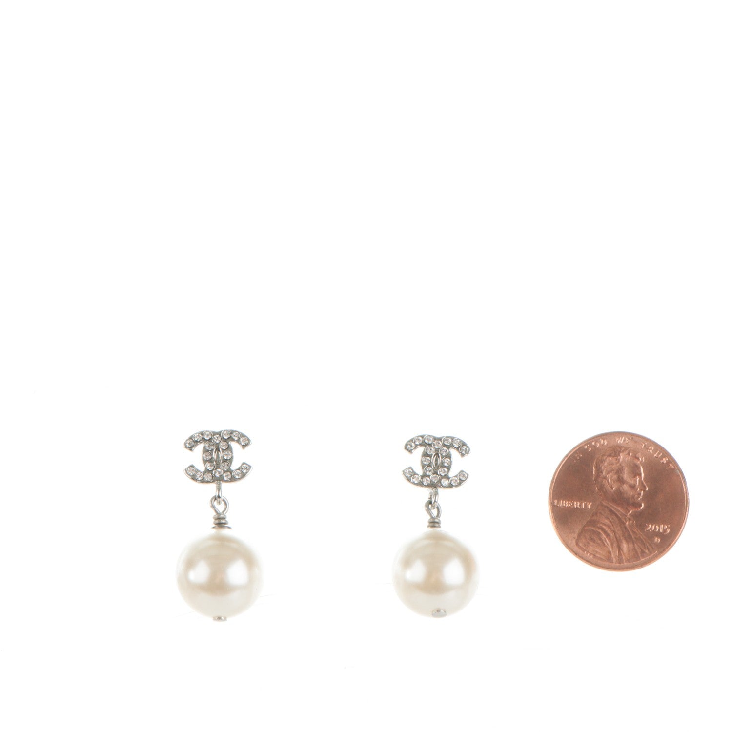 Chanel Crystal Pearl CC Drop Earrings Silver 2 of 5