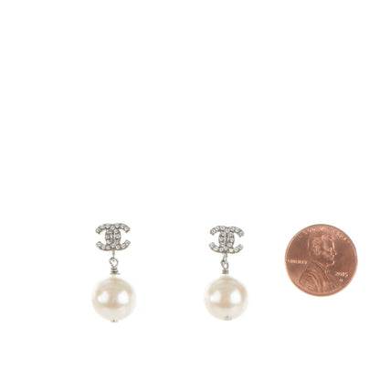 Chanel Crystal Pearl CC Drop Earrings Silver 2 of 5