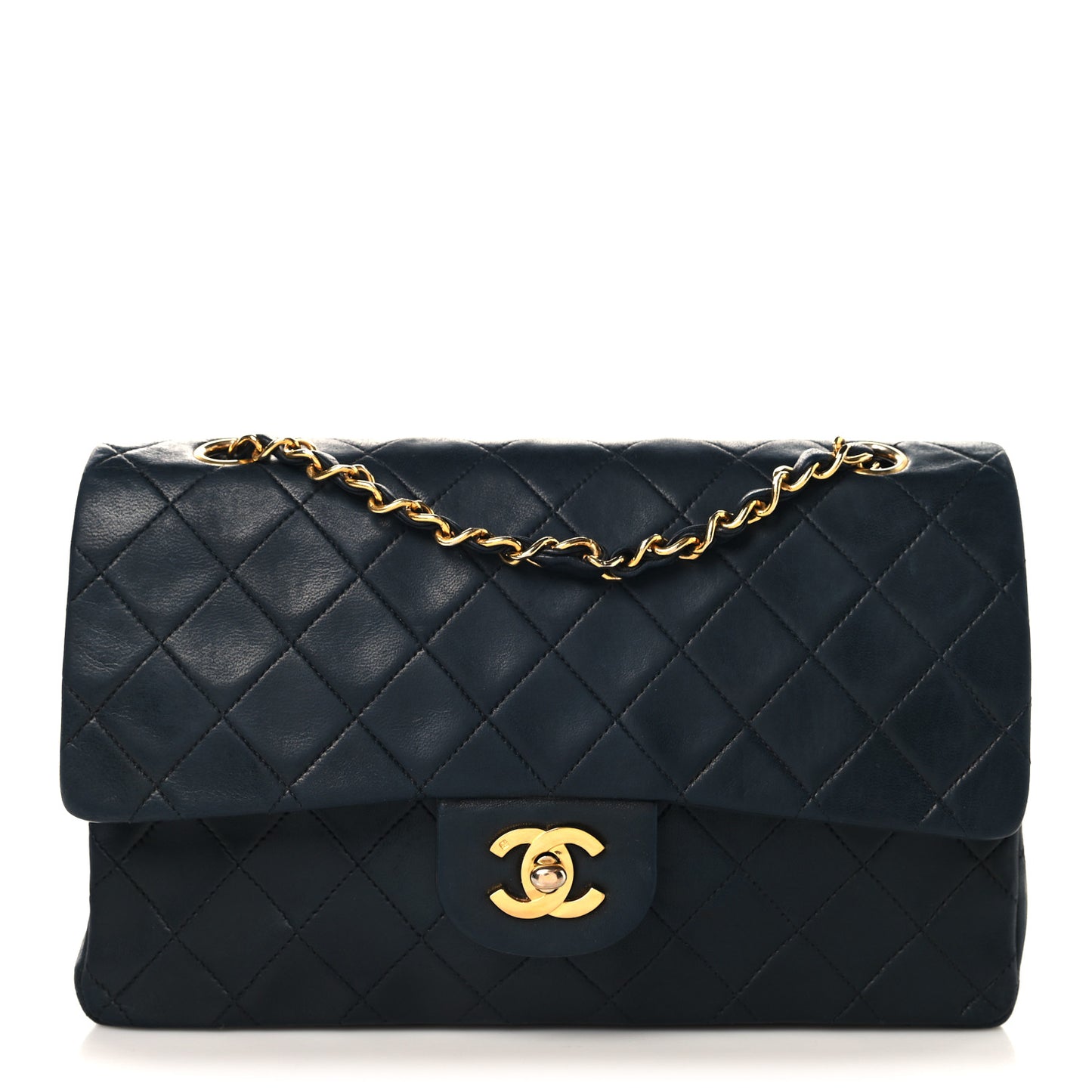 Lambskin Quilted Medium Double Flap Navy