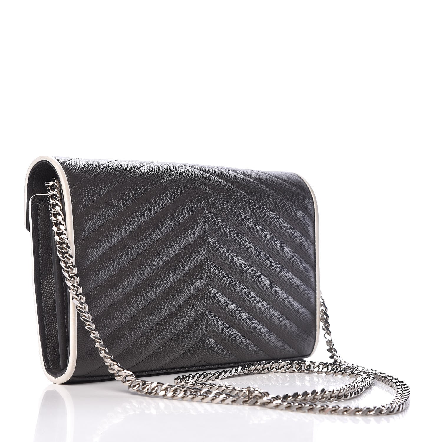 Saint Laurent Grain De Poudre Matelasse Chevron Monogram Chain Wallet Grey White 3 of 10