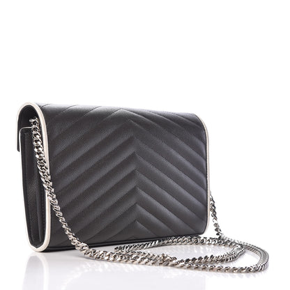 Saint Laurent Grain De Poudre Matelasse Chevron Monogram Chain Wallet Grey White 3 of 10