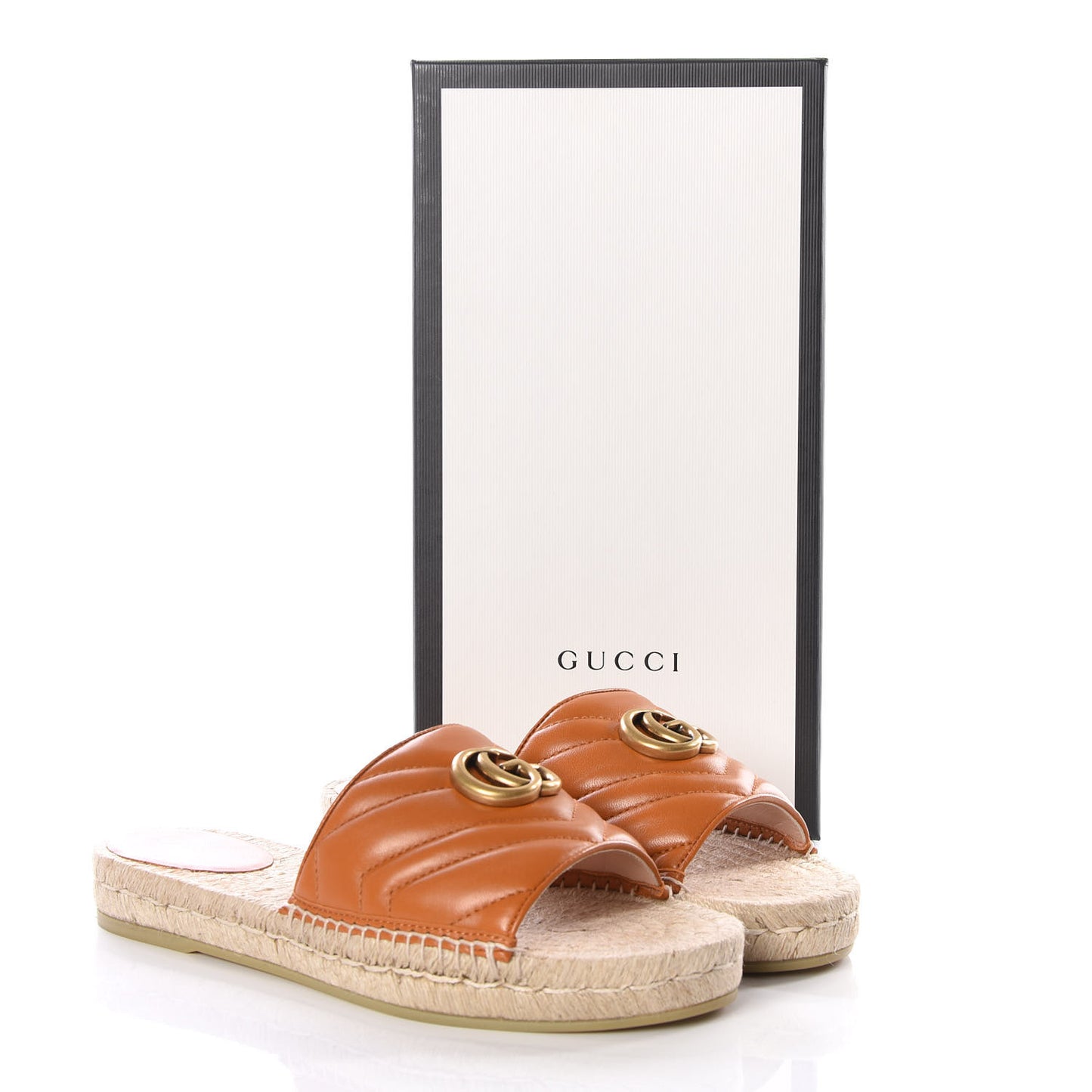 Nappa Matelasse GG Marmont Espadrille Slide Sandals 38 Cognac