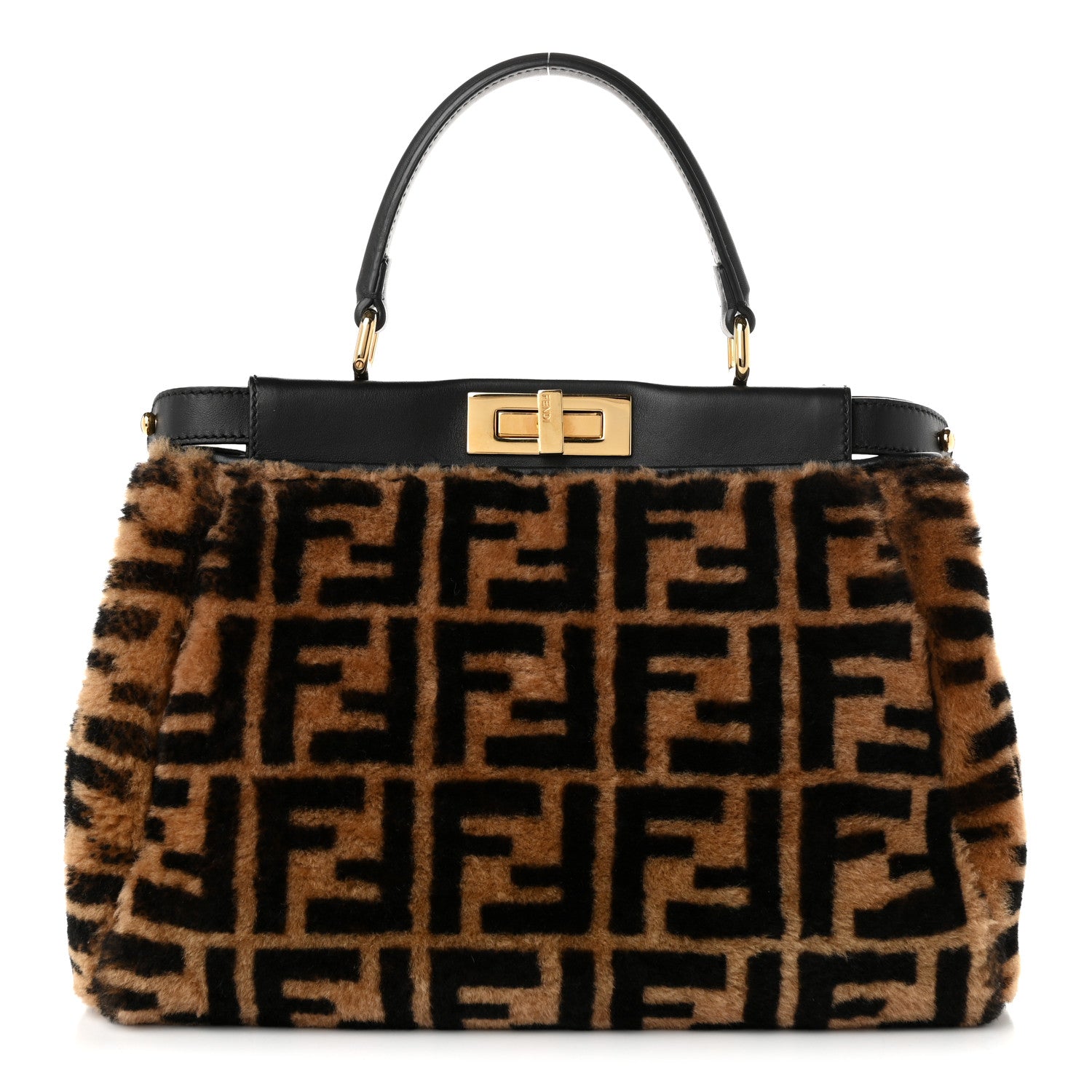 Fendi Shearling Vitello Vernice Mou Pequin Striped Medium Peekaboo Iconic Satchel Tobacco Black 1 of 11