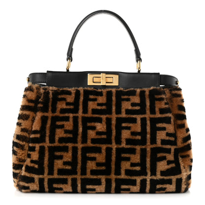 Fendi Shearling Vitello Vernice Mou Pequin Striped Medium Peekaboo Iconic Satchel Tobacco Black 1 of 11