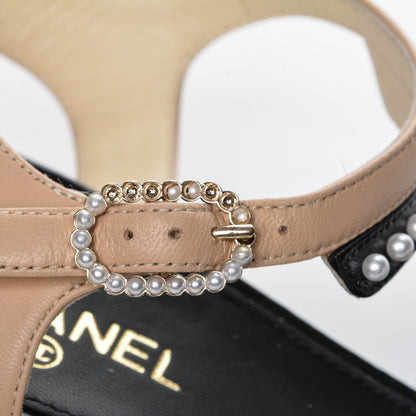 Chanel Lambskin Pearl Sandals 37 Beige Black 8 of 8