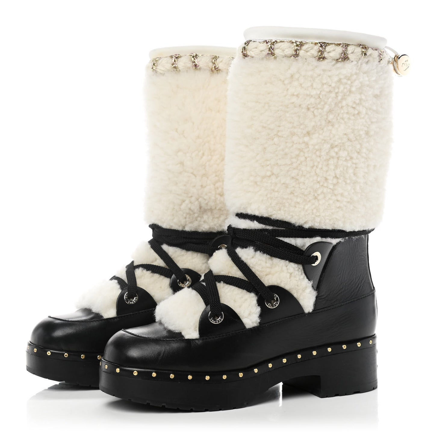 Shearling Chain Studded CC High Boot 36 Black