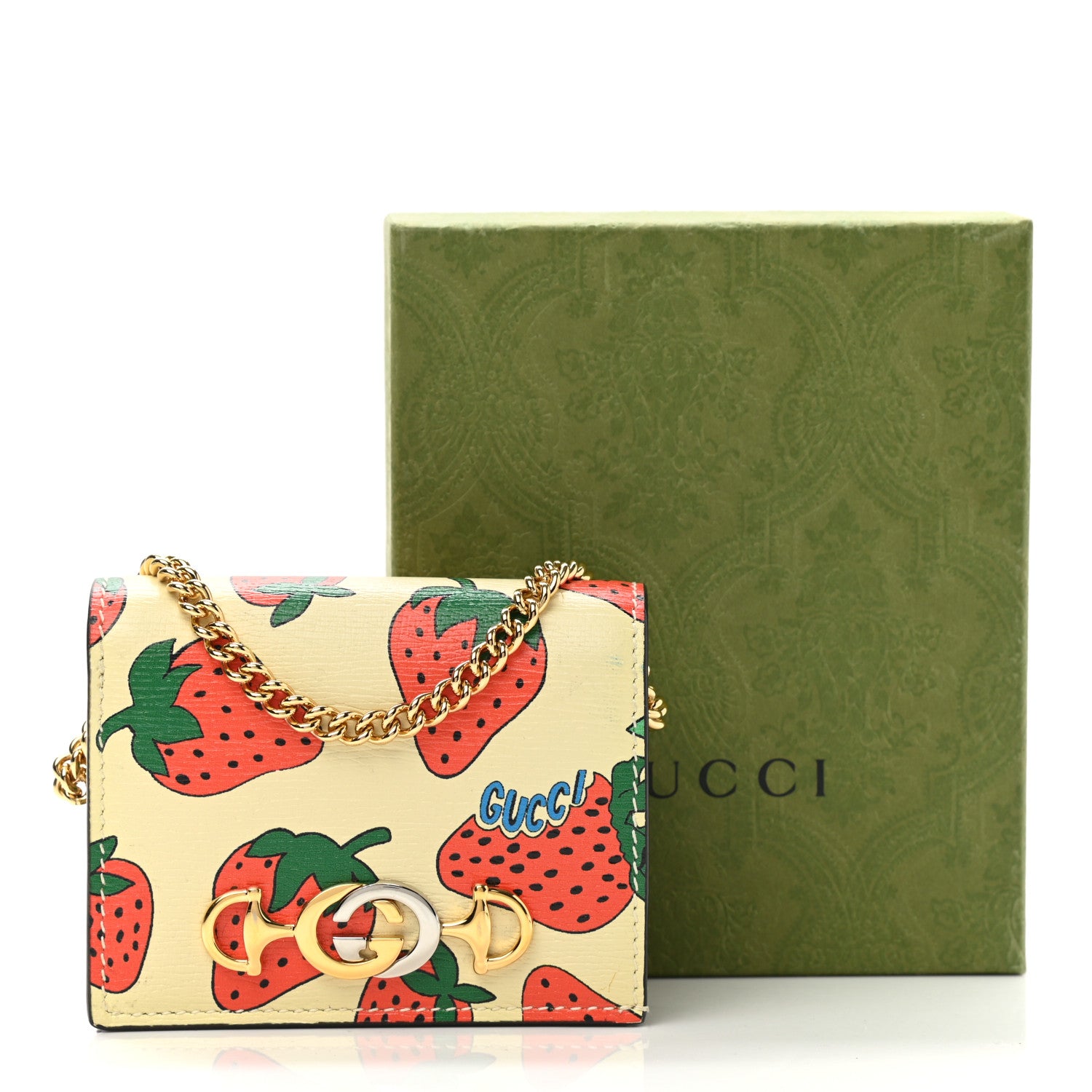 Gucci Calfskin Strawberry Print Zumi Chain Card Case Wallet Ivory Red 11 of 11