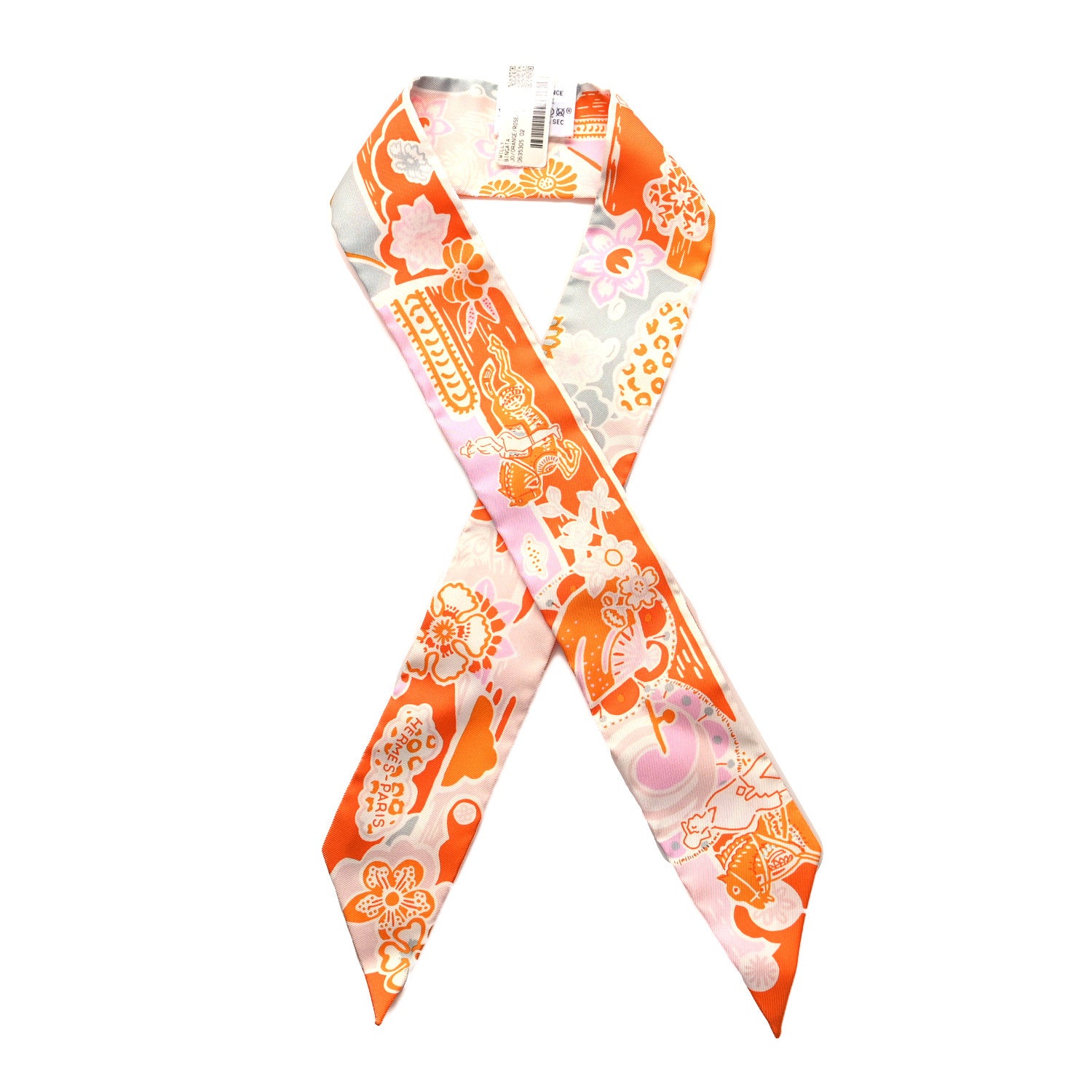 Hermes Silk Bingata Twilly Orange Rose Gris 1 of 4
