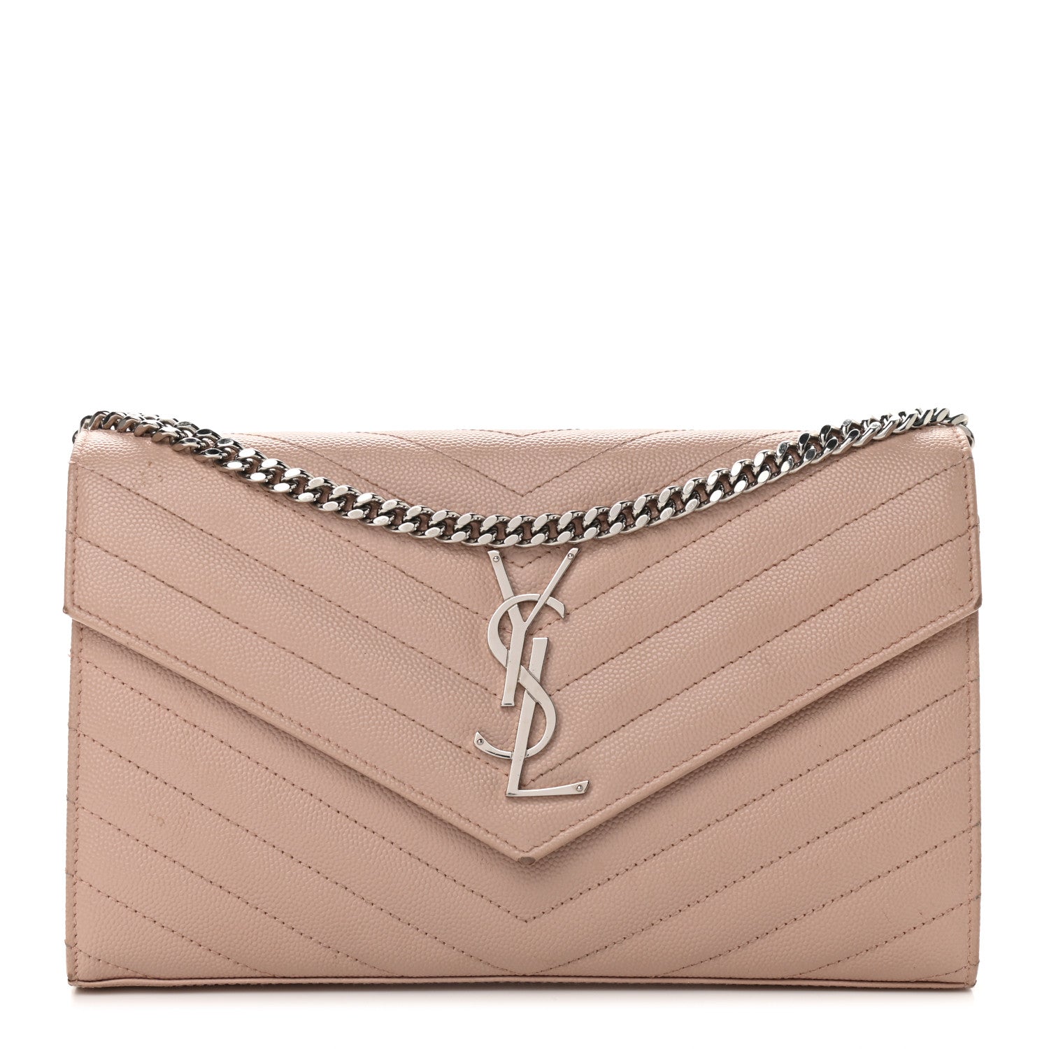 Saint Laurent Grain De Poudre Matelasse Chevron Monogram Chain Wallet Pale Pink 1 of 12