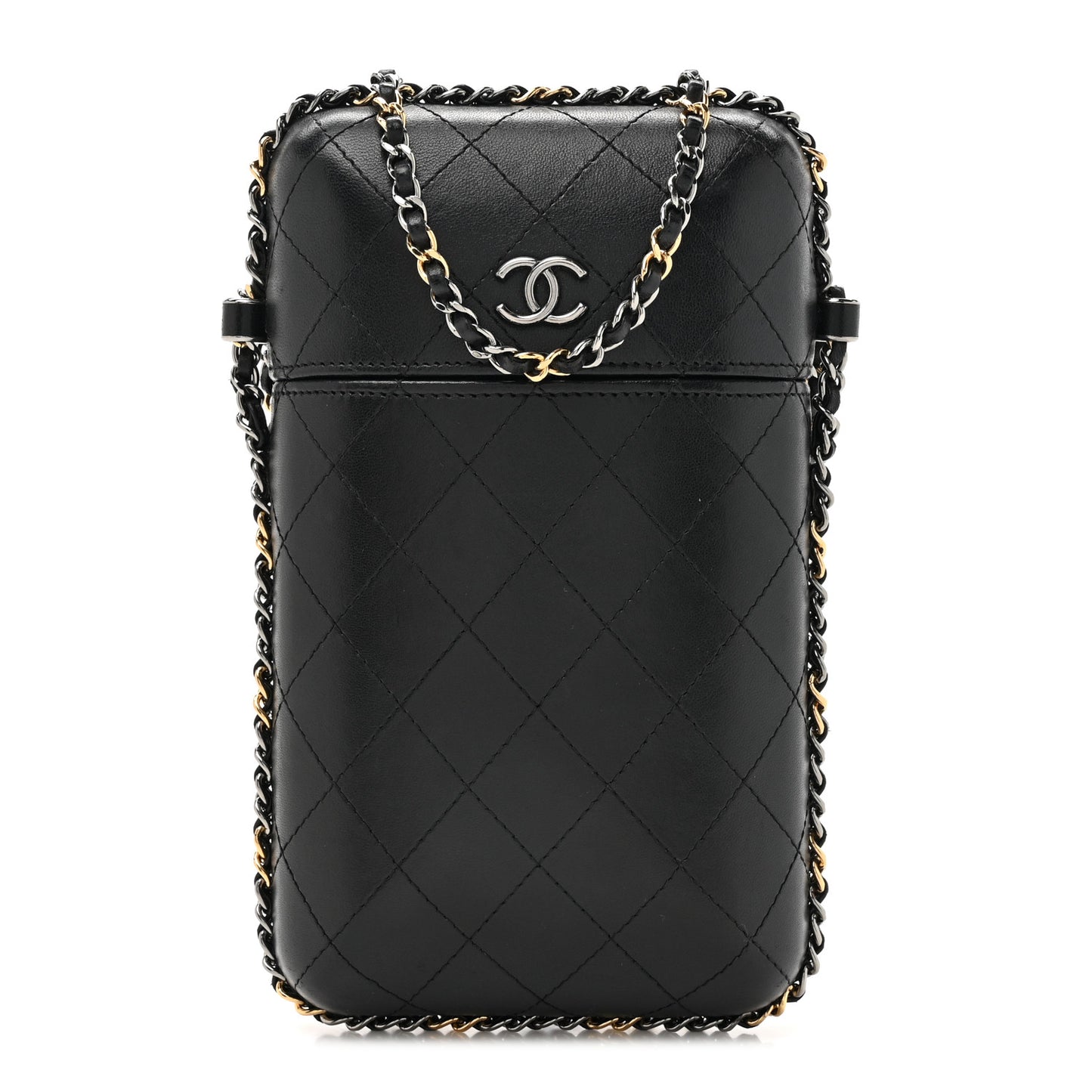 Lambskin Quilted Chain Around Phone Holder Black