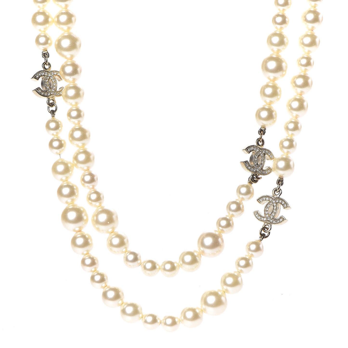 Pearl Baguette Crystal Long CC Necklace Gold
