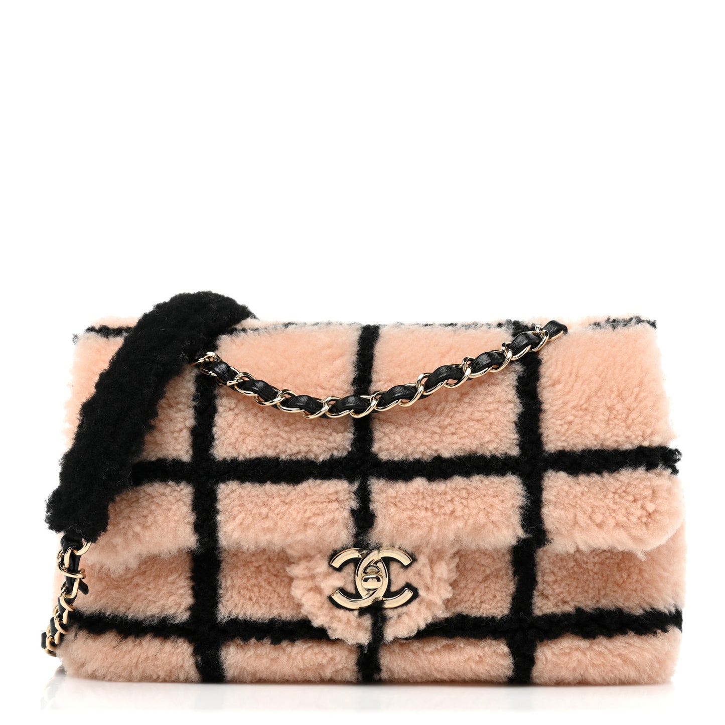 Shearling Lambskin Large Fluffy Tartan Single Flap Pink Black
