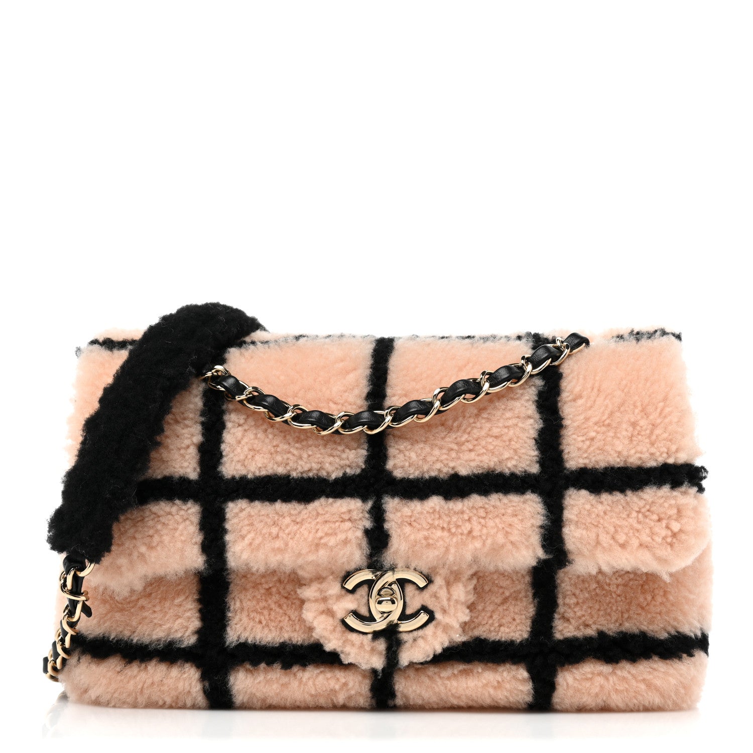 Chanel Shearling Lambskin Large Fluffy Tartan Single Flap Pink Black 1 of 10