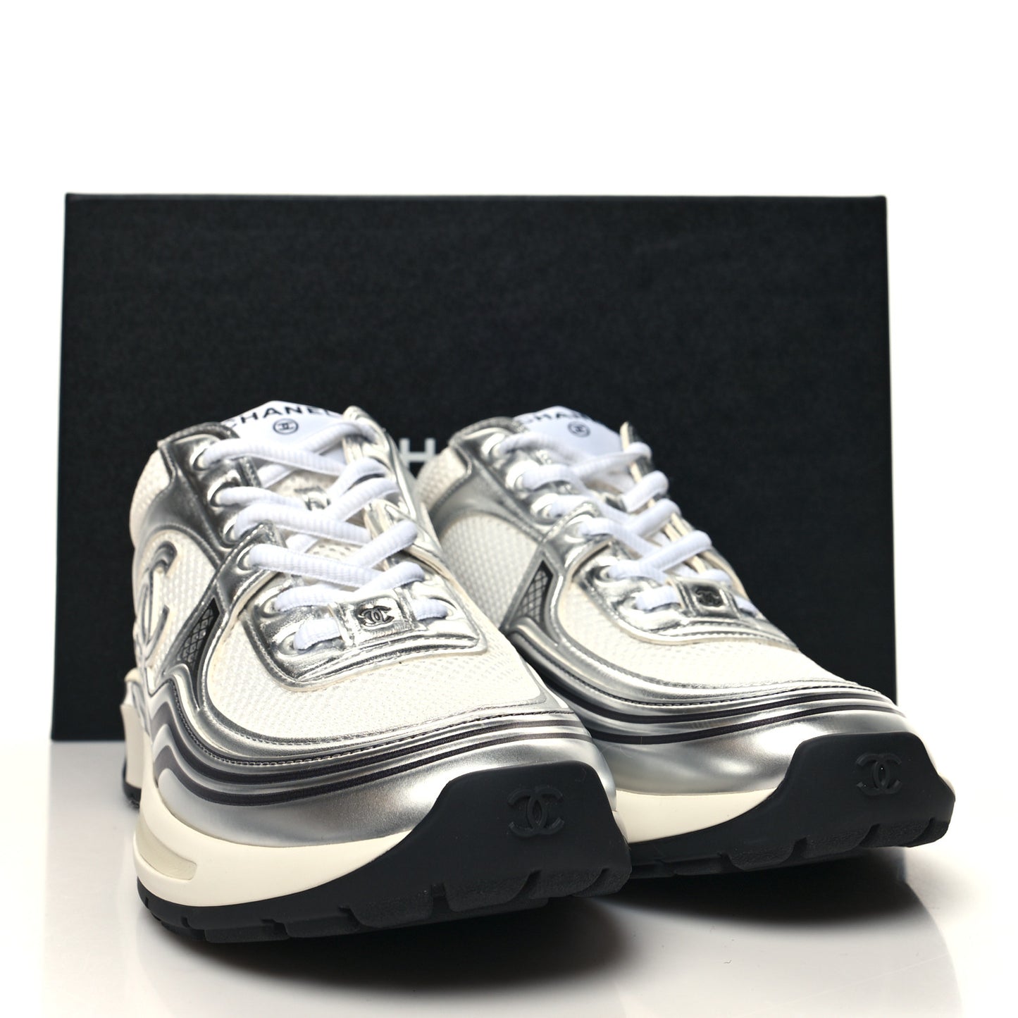 Fabric Laminated Calfskin Stretch CC Sneakers 38.5 White Silver