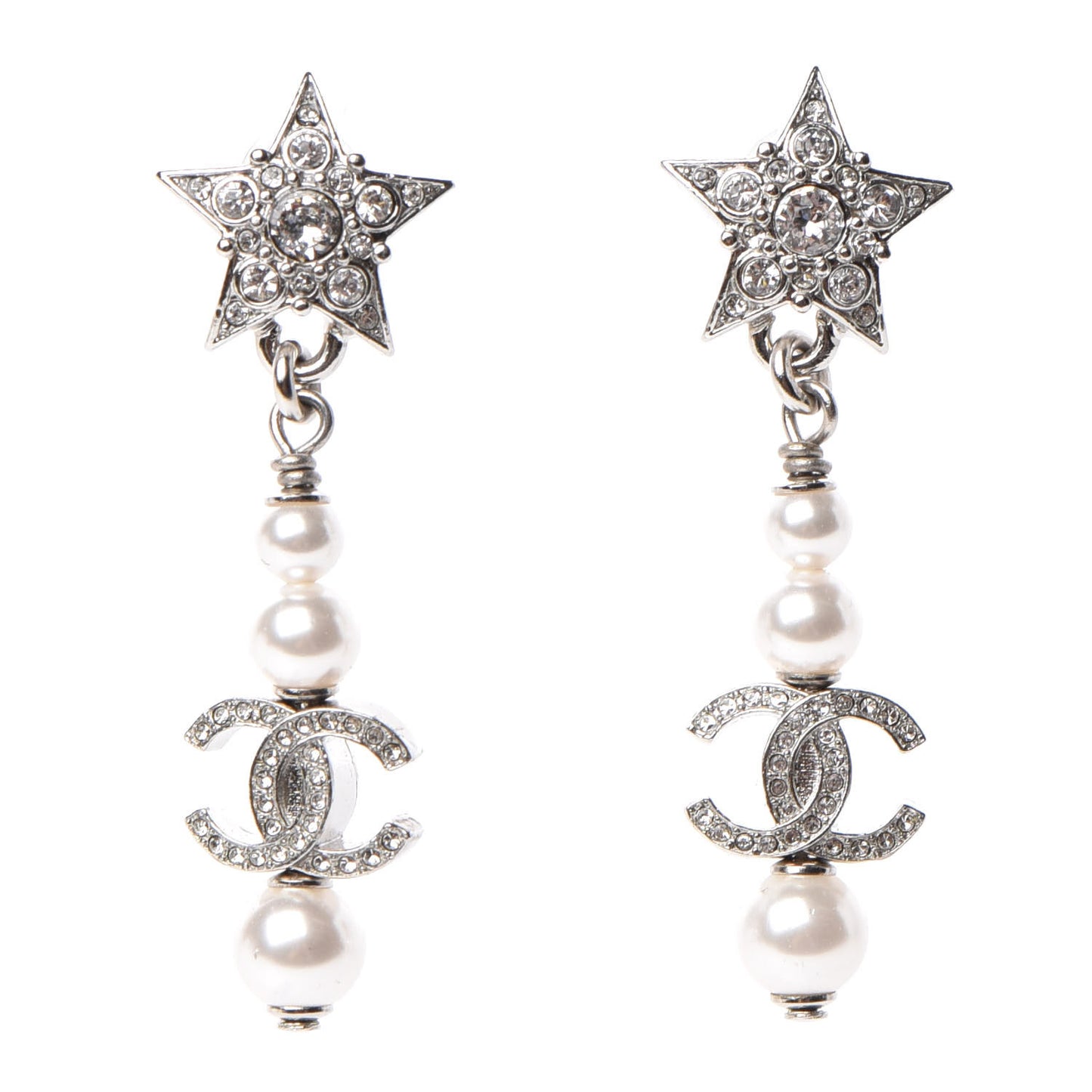 Crystal Pearl CC Star Drop Earrings Silver