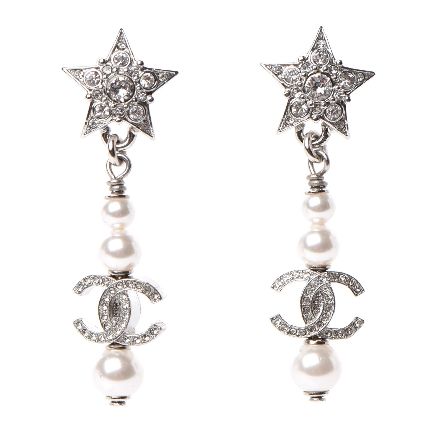Chanel Crystal Pearl CC Star Drop Earrings Silver 1 of 4