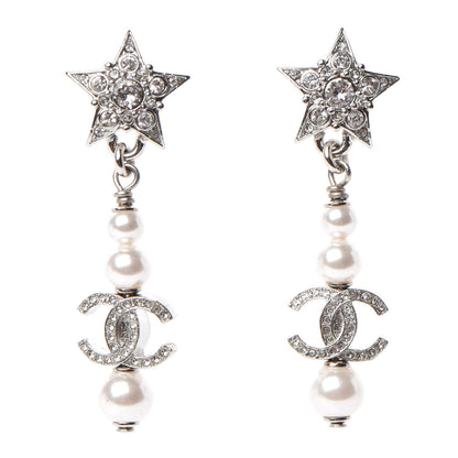 Chanel Crystal Pearl CC Star Drop Earrings Silver 1 of 4
