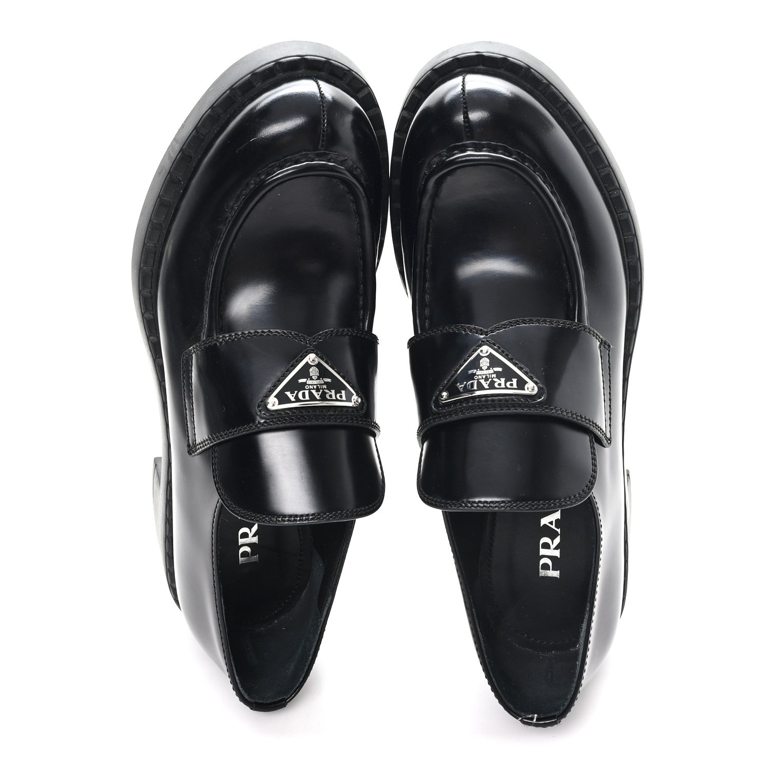 Prada Spazzolato Metal Triangle Logo 50mm Loafers 39 Black 1870593