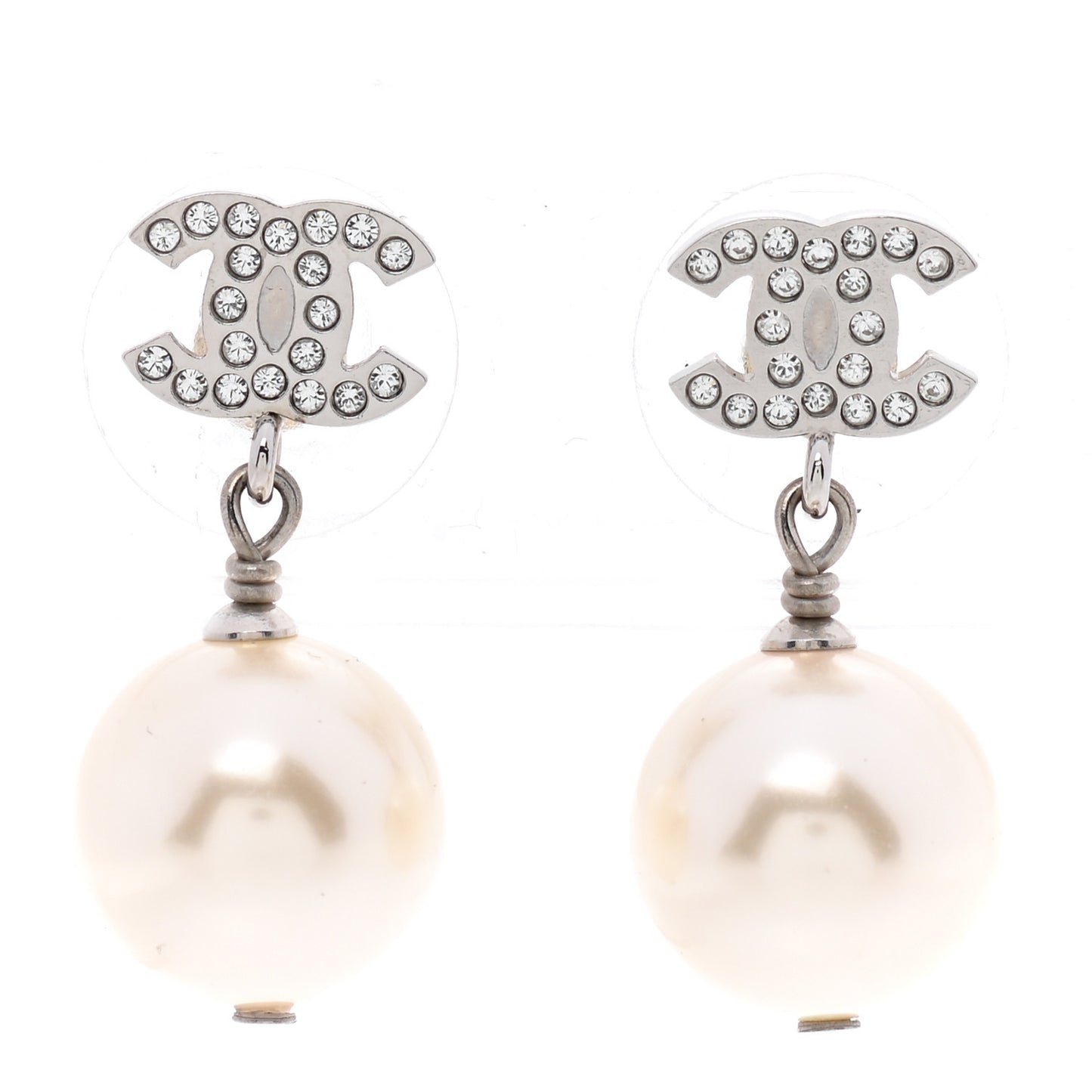 Crystal Pearl CC Drop Earrings Silver Pearly White
