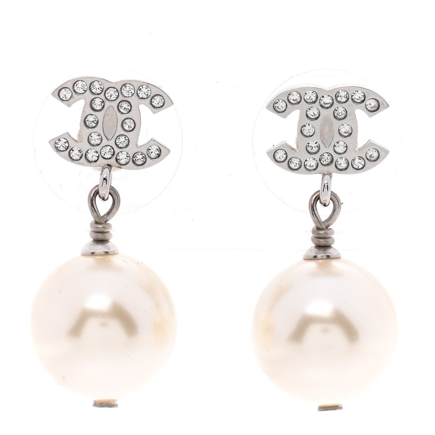 Chanel Crystal Pearl CC Drop Earrings Silver Pearly White 1 of 5