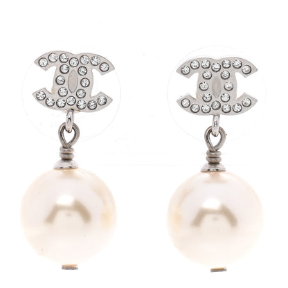 Chanel Crystal Pearl CC Drop Earrings Silver Pearly White 1 of 5