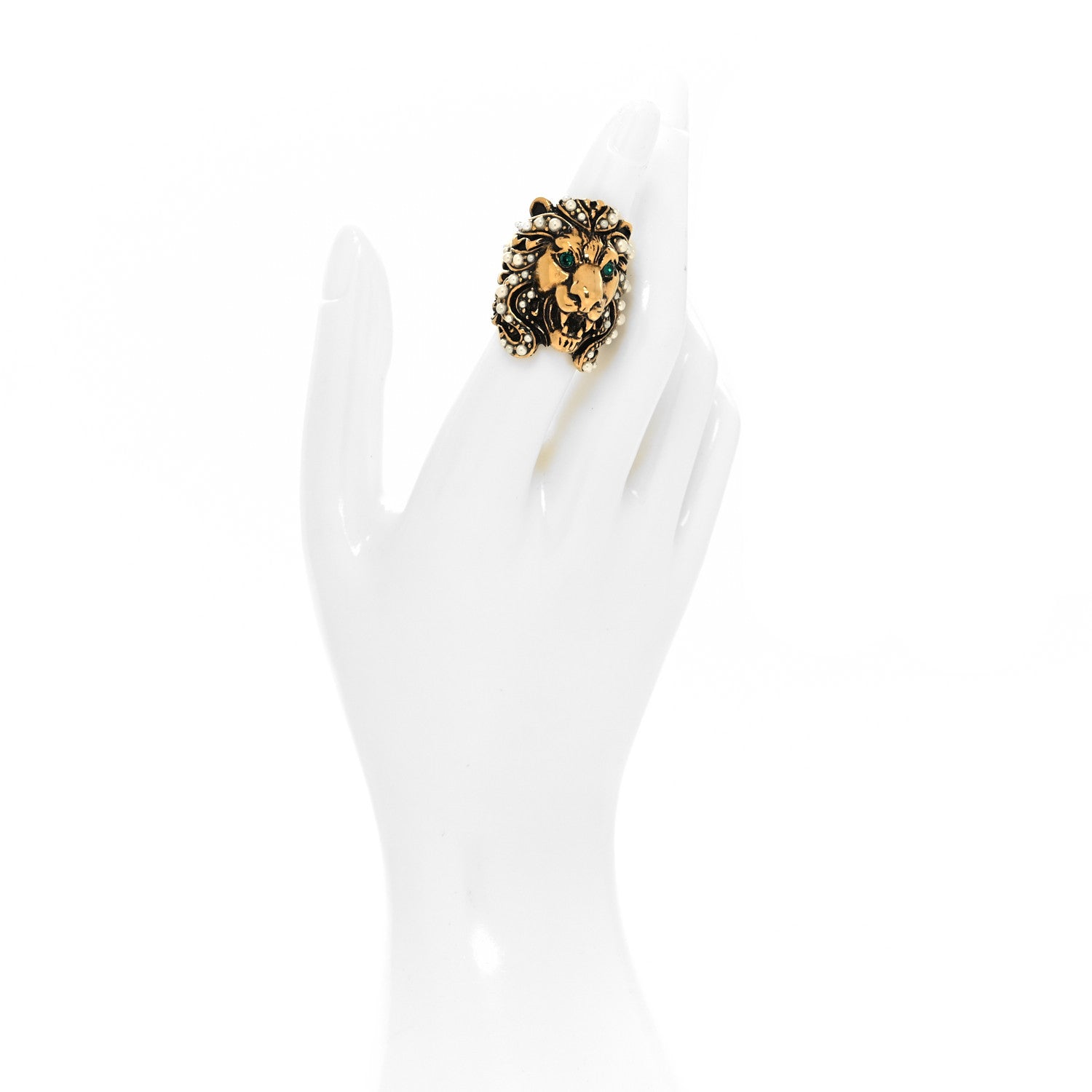 Gucci Metal Pearl Crystal Lion Head Ring 50/5.5 Aged Gold 2 of 4