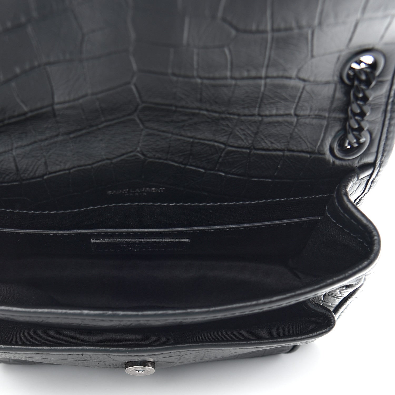Saint Laurent Calfskin Crocodile Embossed Matelasse Monogram Baby Niki Chain Satchel Black 5 of 9