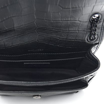 Saint Laurent Calfskin Crocodile Embossed Matelasse Monogram Baby Niki Chain Satchel Black 5 of 9