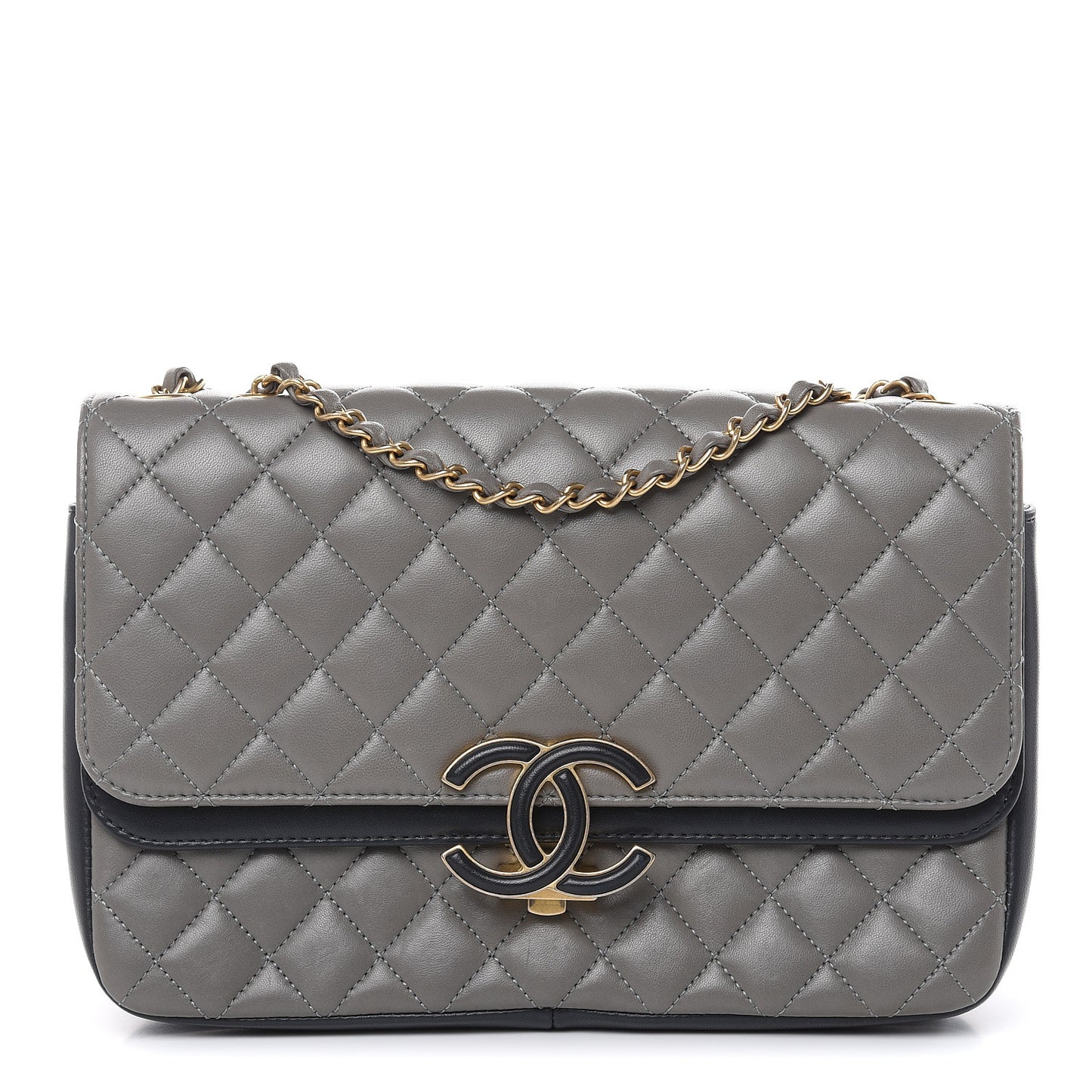 Lambskin Quilted Large CC Chic Flap Grey Dark Navy