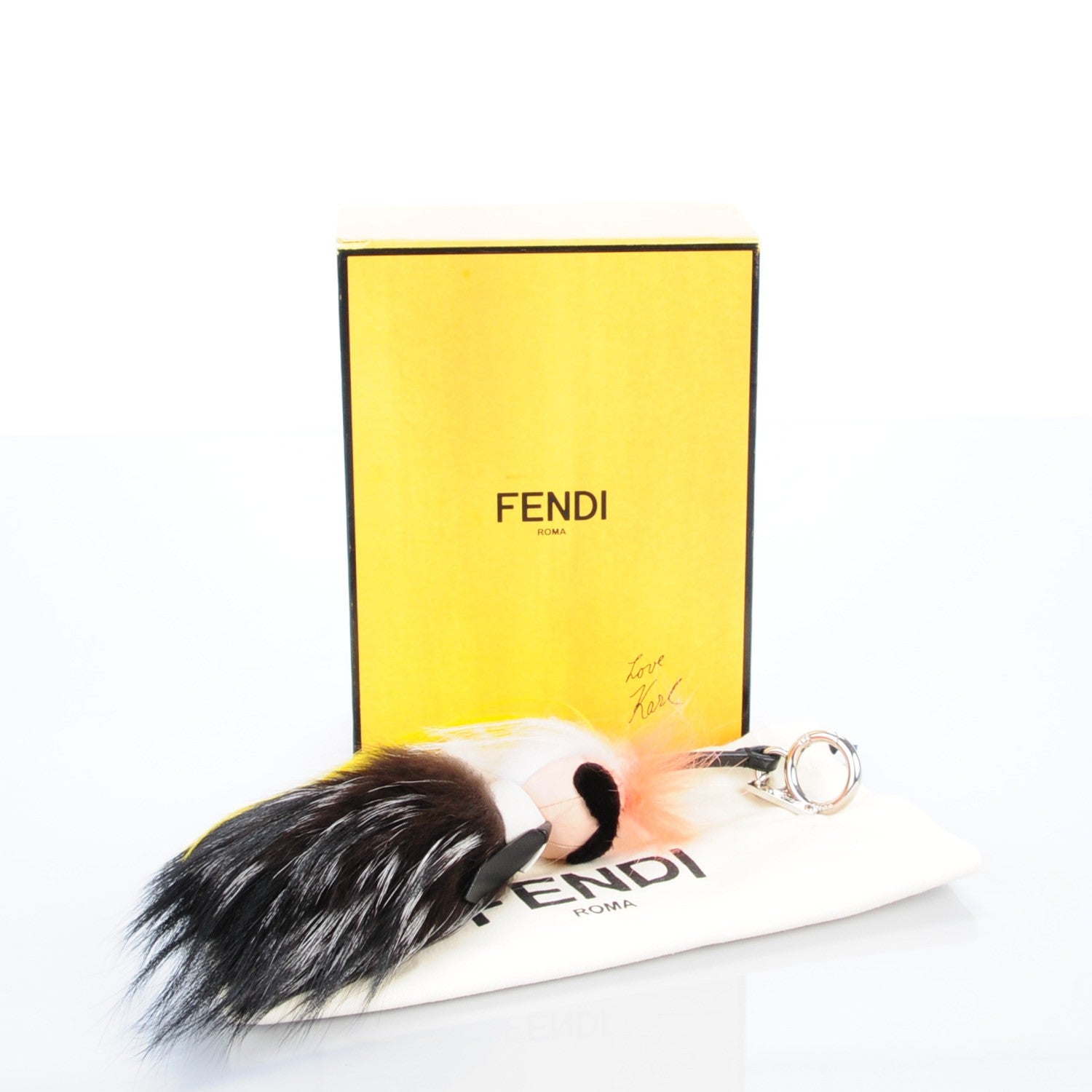 Fendi Fox Mink Goat Fur Mini Karlito Bag Charm White Black Flamingo 6 of 6