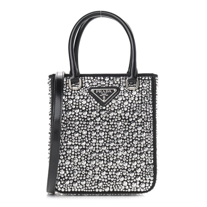 Prada Satin Crystal Metal Triangle Logo Small Double Handle Crossbody Tote Metal 1 of 8