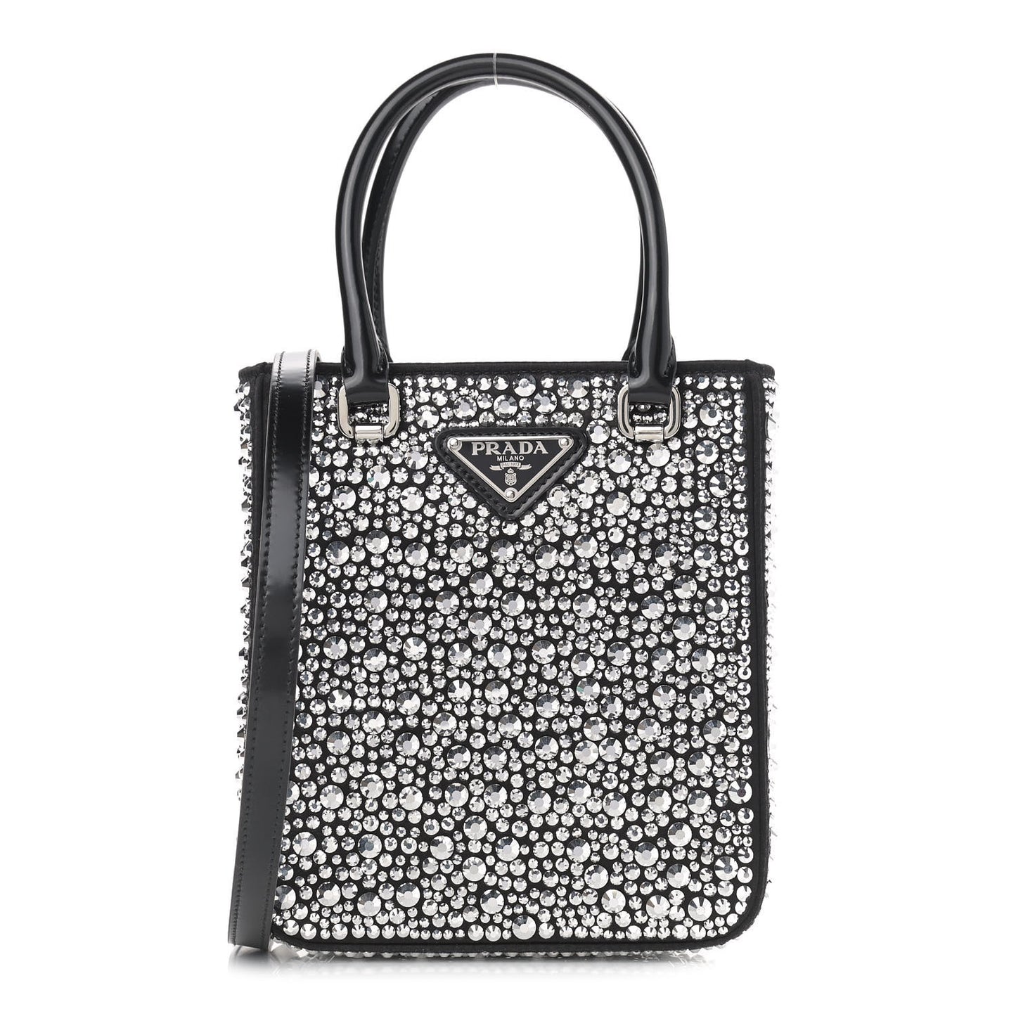 Satin Crystal Metal Triangle Logo Small Double Handle Crossbody Tote Metal