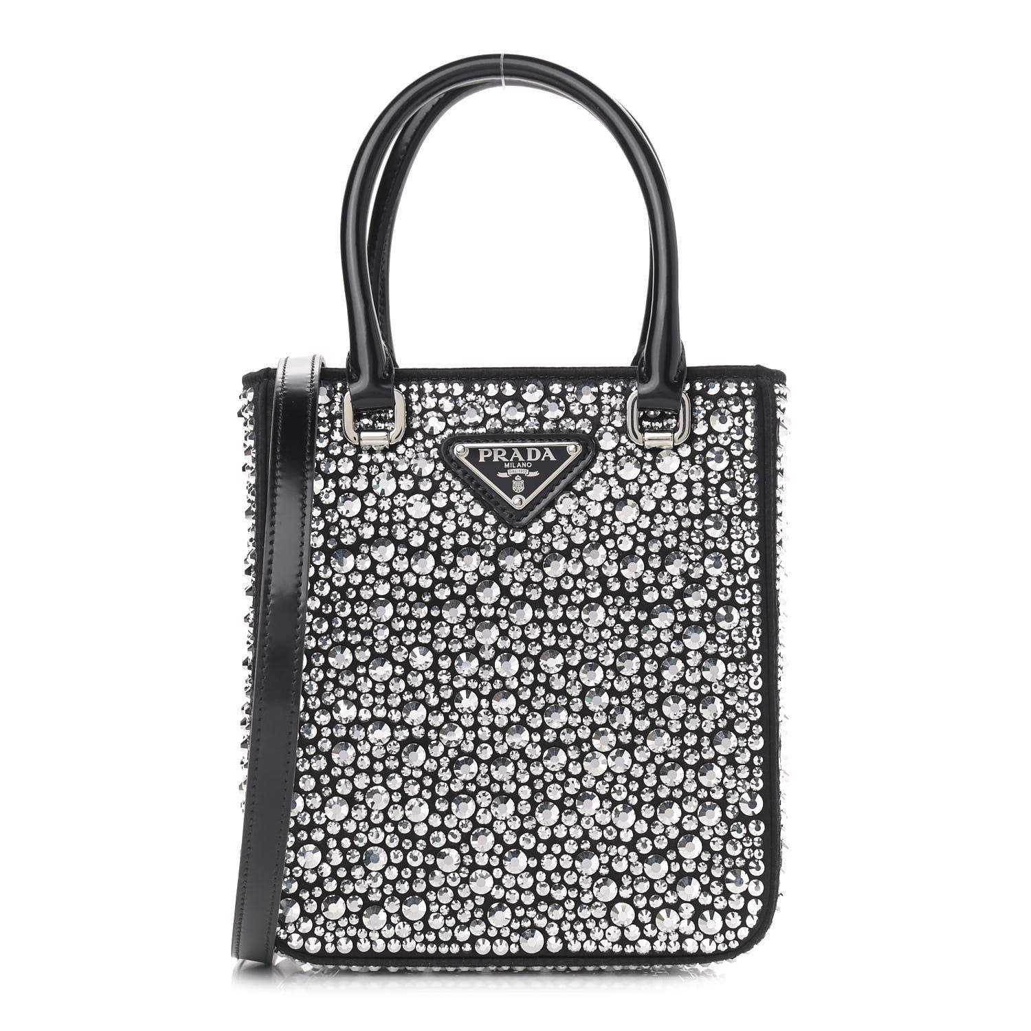 Prada Satin Crystal Metal Triangle Logo Small Double Handle Crossbody Tote Metal 1 of 8