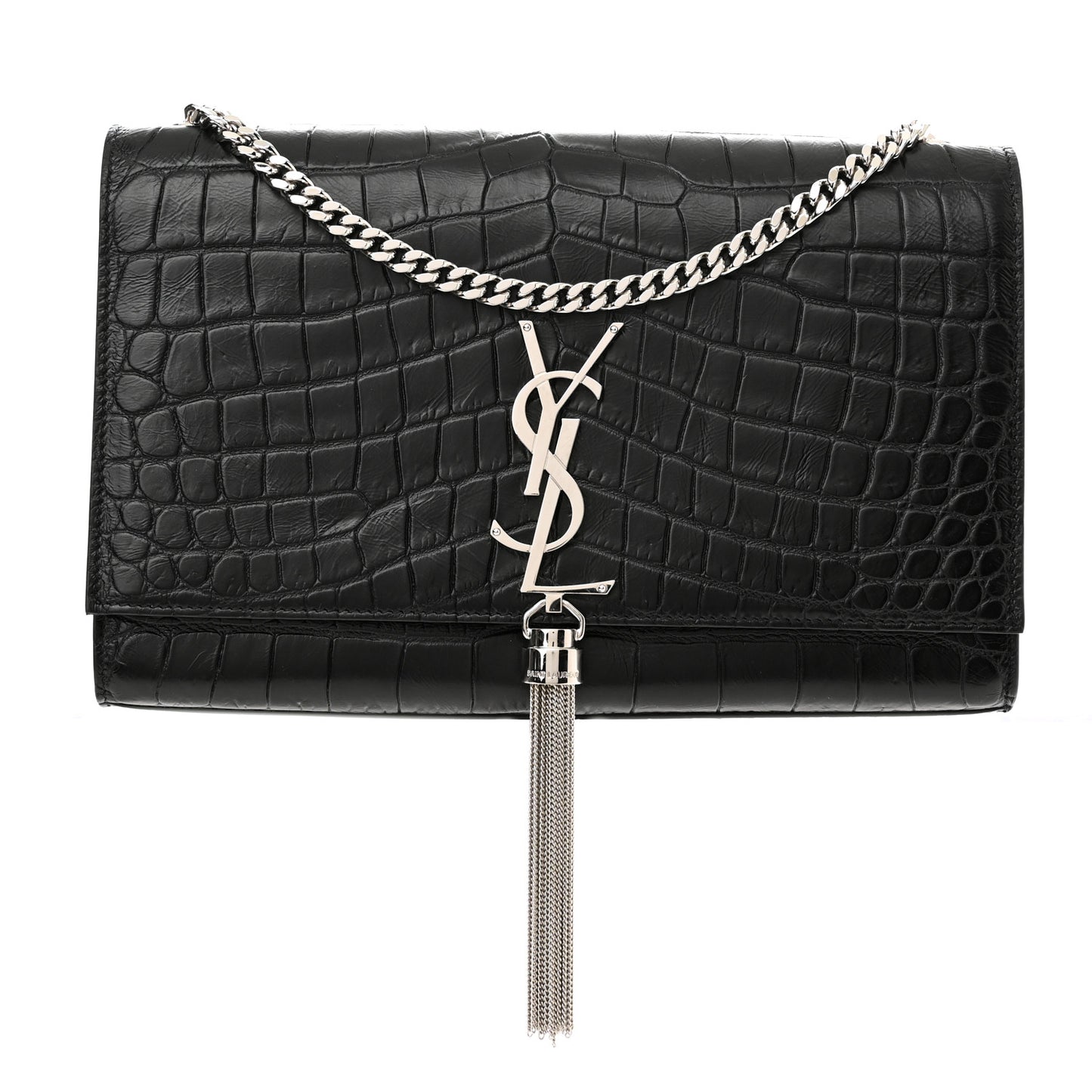 Calfskin Crocodile Embossed Medium Classic Monogram Kate Tassel Satchel Black