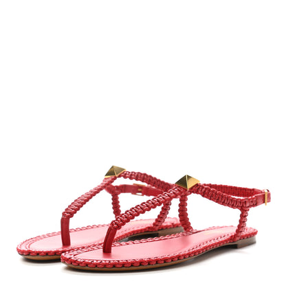Valentino Garavani Calfskin Macrame Roman Stud Thong Sandals 37.5 Rosso 3 of 7