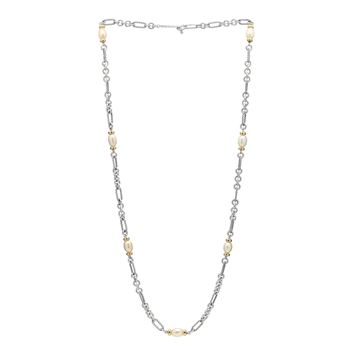 Sterling Silver 18K Yellow Gold Baroque Pearl Long Figaro Chain Necklace
