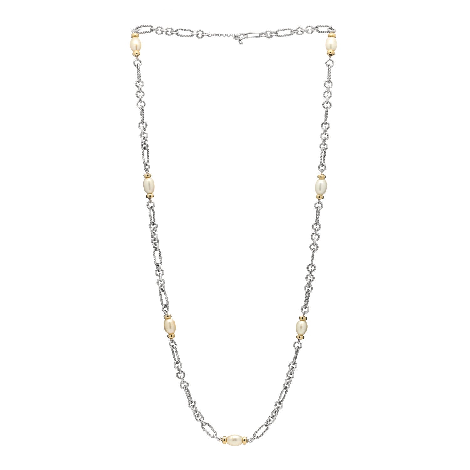 David Yurman Sterling Silver 18K Yellow Gold Baroque Pearl Long Figaro Chain Necklace 3 of 5