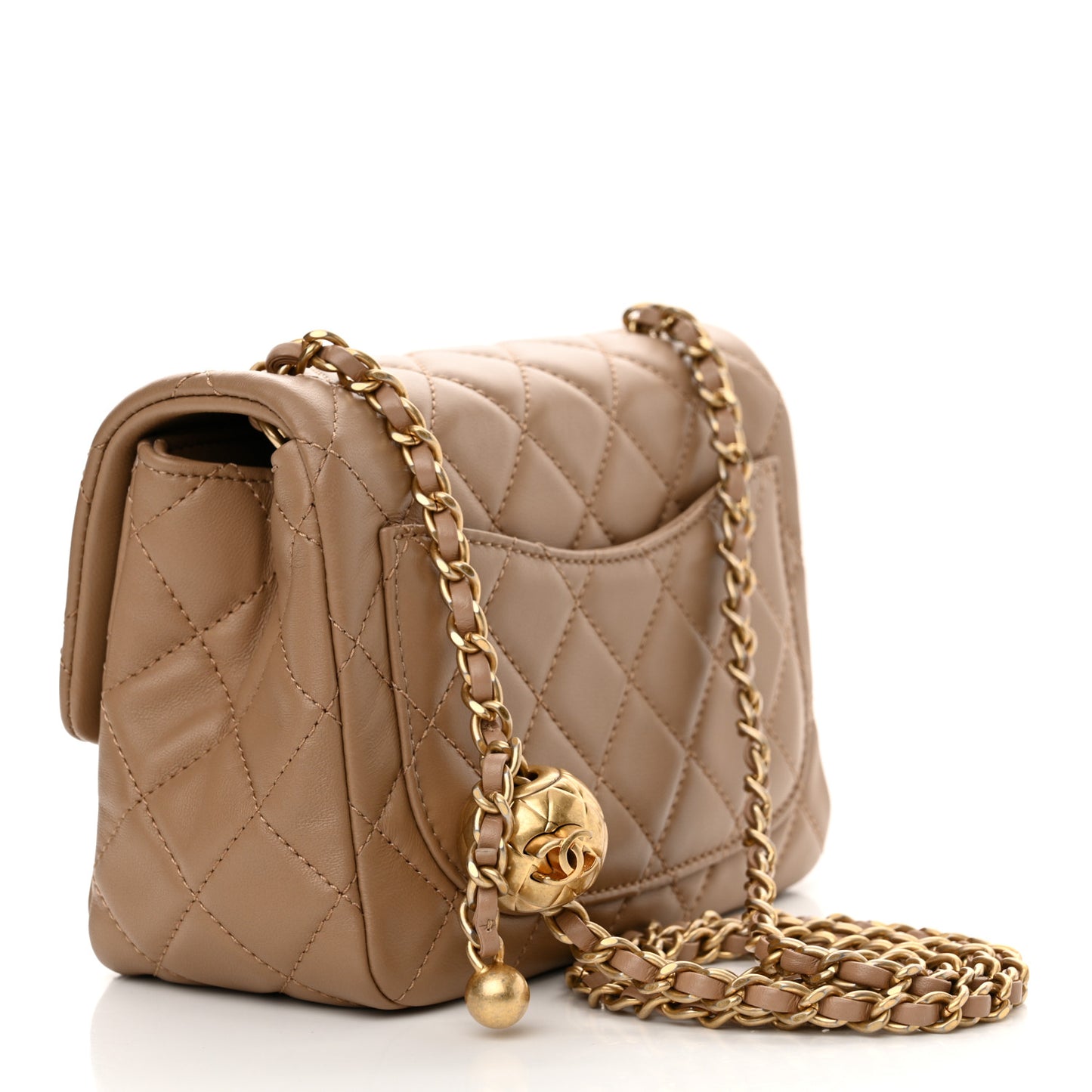 Lambskin Quilted Mini Pearl Crush Flap Dark Beige