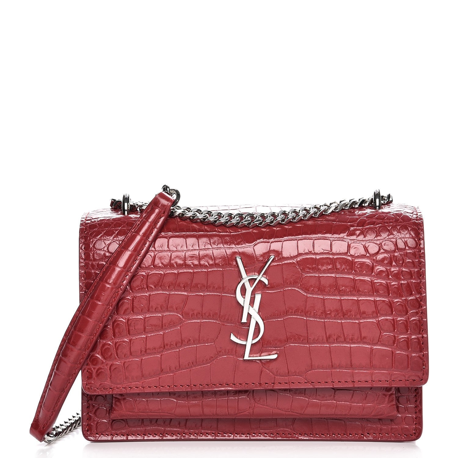 Saint Laurent Calfskin Crocodile Embossed Monogram Sunset Chain Wallet New Lipstick Red 1 of 6