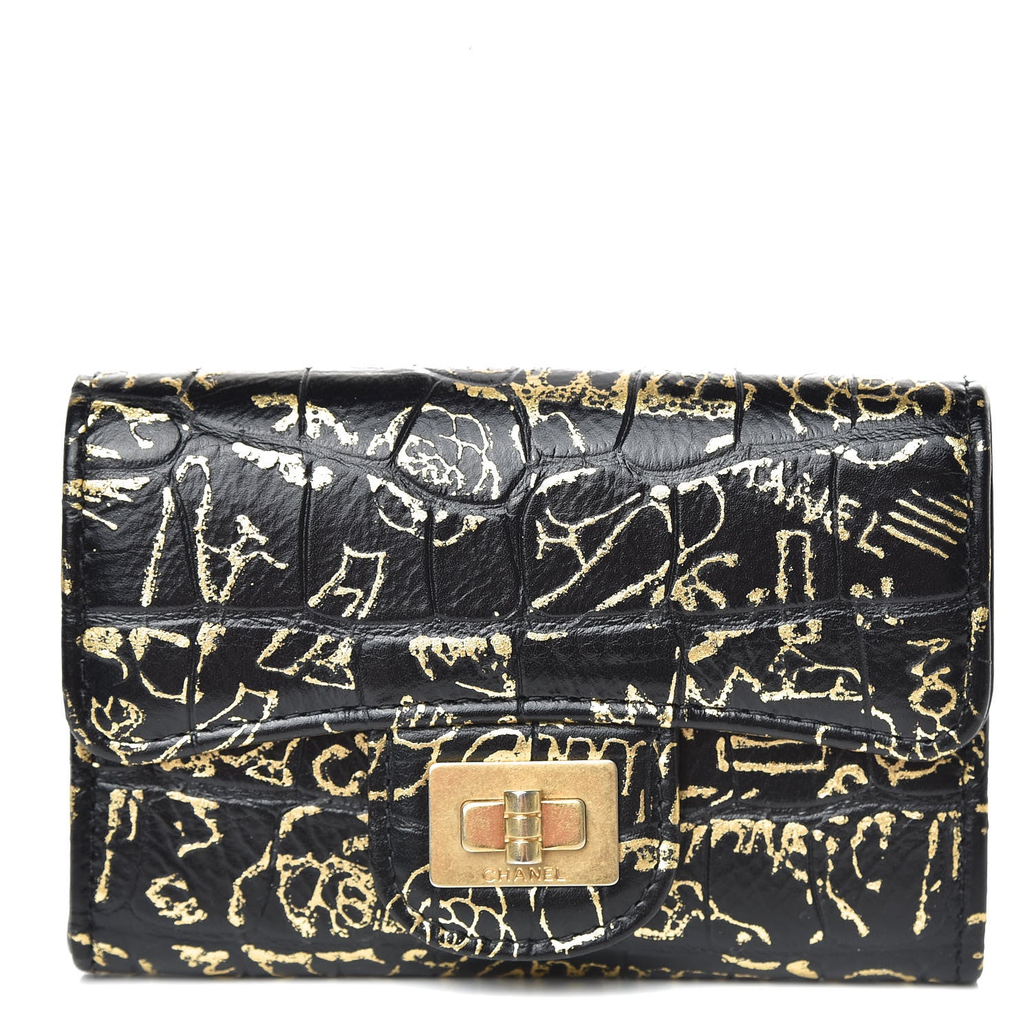 Chanel Calfskin Crocodile Embossed Graffiti Reissue Card Holder Wallet Black Gold 1 of 11