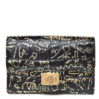 Chanel Calfskin Crocodile Embossed Graffiti Reissue Card Holder Wallet Black Gold 1 of 11
