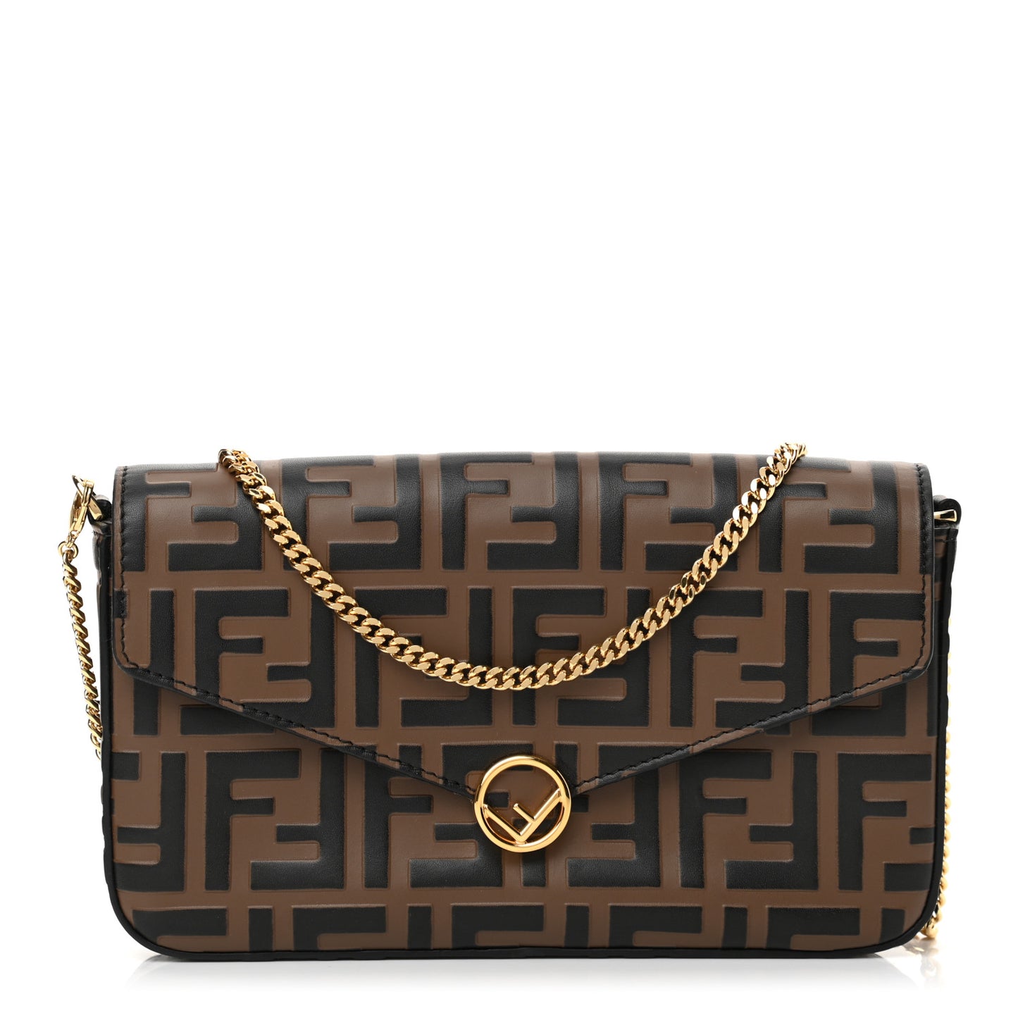 Vitello Soft F is Fendi Bi-Color FF 1974 Embossed Envelope Wallet On Chain with Pouches Maya Black