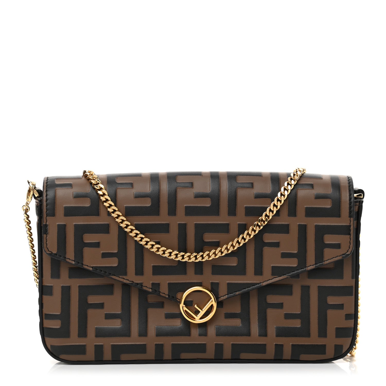 Fendi Vitello Soft F is Fendi Bi-Color FF 1974 Embossed Envelope Wallet On Chain with Pouches Maya Black 3 of 13