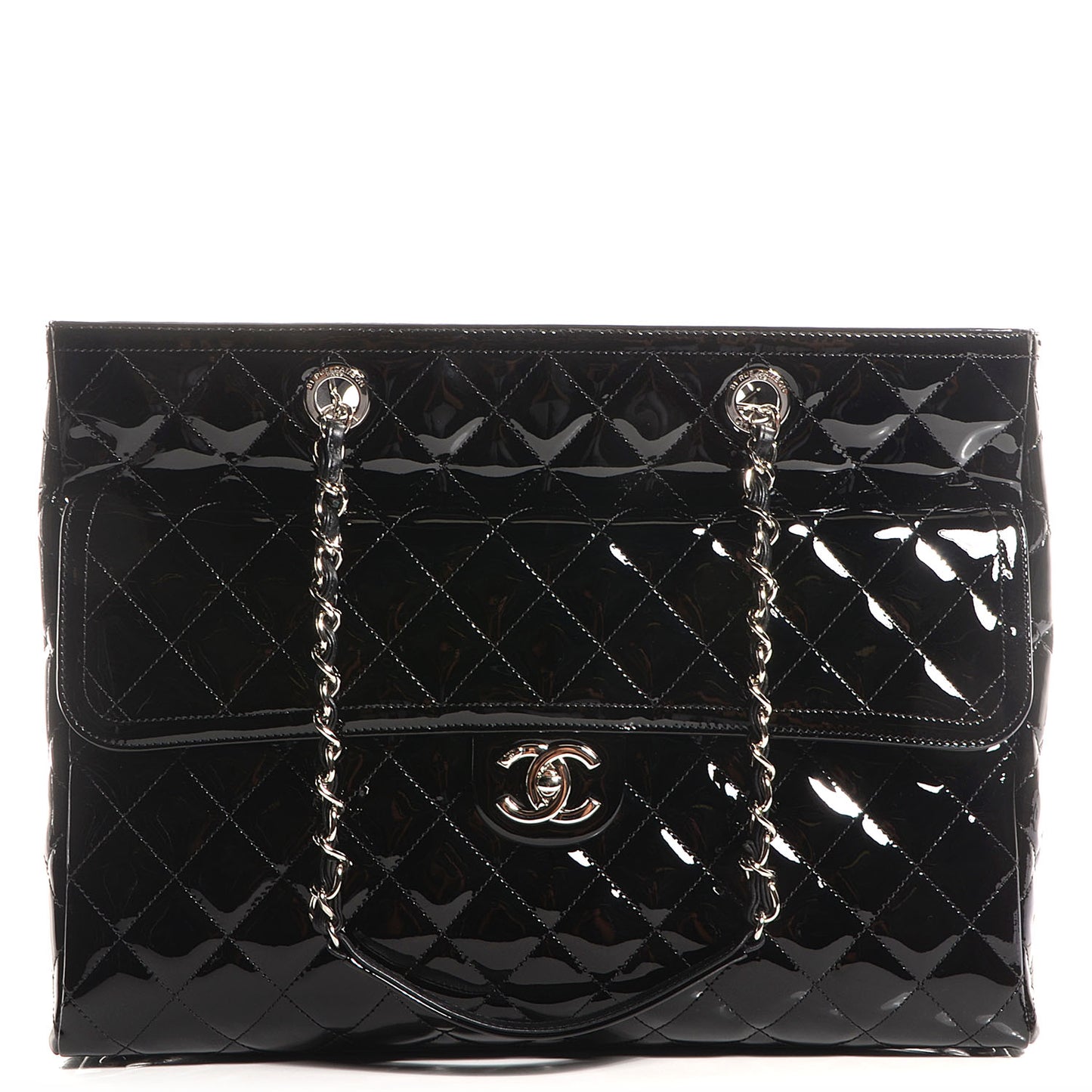 Patent Quilted Coco Shine Shopping Tote Black